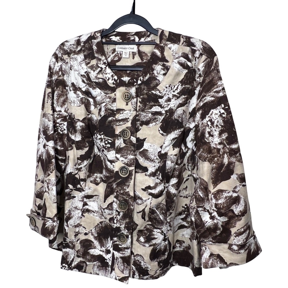Coldwater Creek Brown Floral Linen Blend Button Front Jacket Womens 14